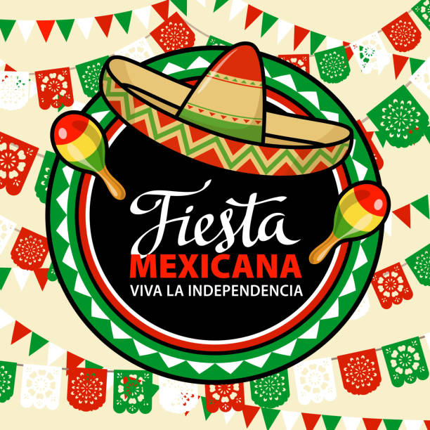 Mexican Independence Day Fiesta Celebrate Independence Day in Mexico with with sombrero and maracas on the colorful papel picado background on Septembre 16 for the fiesta maraca stock illustrations