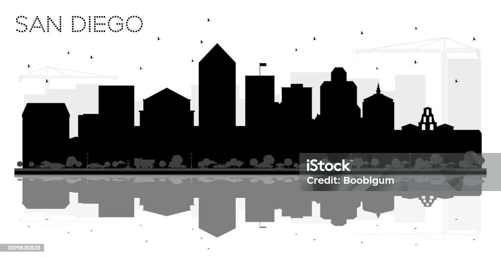 San Diego City skyline black and white silhouette with Reflections. San Diego City skyline black and white silhouette with Reflections. Vector illustration. Simple flat concept for tourism presentation, banner, placard or web site. San Diego Cityscape with landmarks. Architecture stock vector