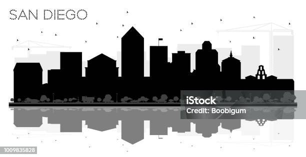 San Diego City Skyline Black And White Silhouette With Reflections Stock Illustration - Download Image Now