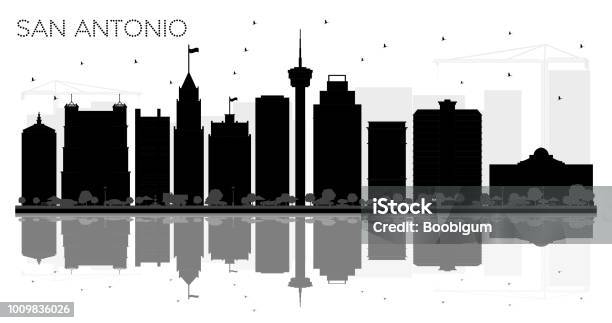 San Antonio Texas City Skyline Black And White Silhouette With Reflections Stock Illustration - Download Image Now