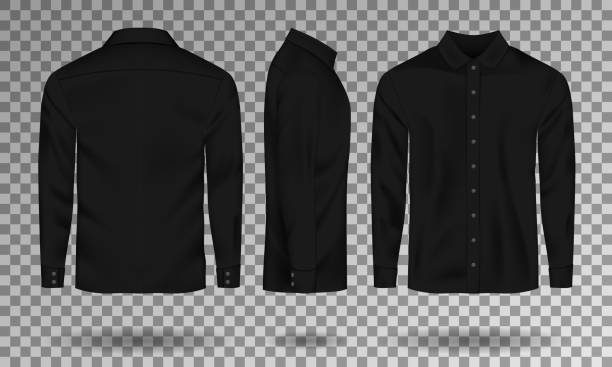 ilustrações de stock, clip art, desenhos animados e ícones de blank male black shirt template. realistic men shirt with long sleeves front, side, back view. casual cotton shirt isolated. vector illustration - long sleeved shirt blank black