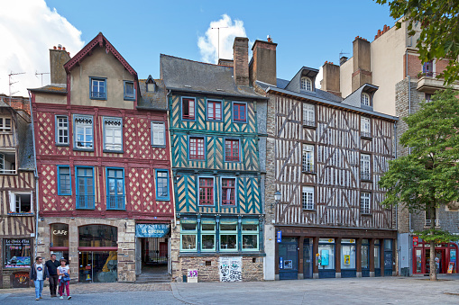 Rennes, France - July 30 2017: Old half-timbered houses in Place Sainte-Anne, a town square in the old city center of Rennes in Brittany.