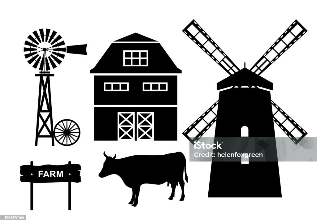 Farm. Vector illustration. Farm elements - windmill, barn, wind turbines, wheel, cow, wooden plaque. Windmill stock vector