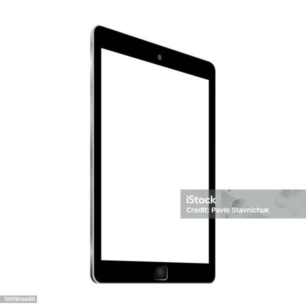 Ilustración de Negro Tablet Con Pantalla En Blanco A Su Vez Vista Desde El Lado Para La Acción y más Vectores Libres de Derechos de Tableta digital