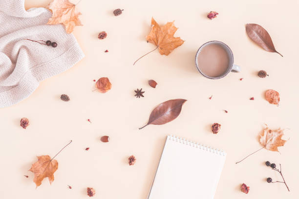 istock Cup of coffee, plaid, notebook, autumn leaves. Flat lay 1009849748