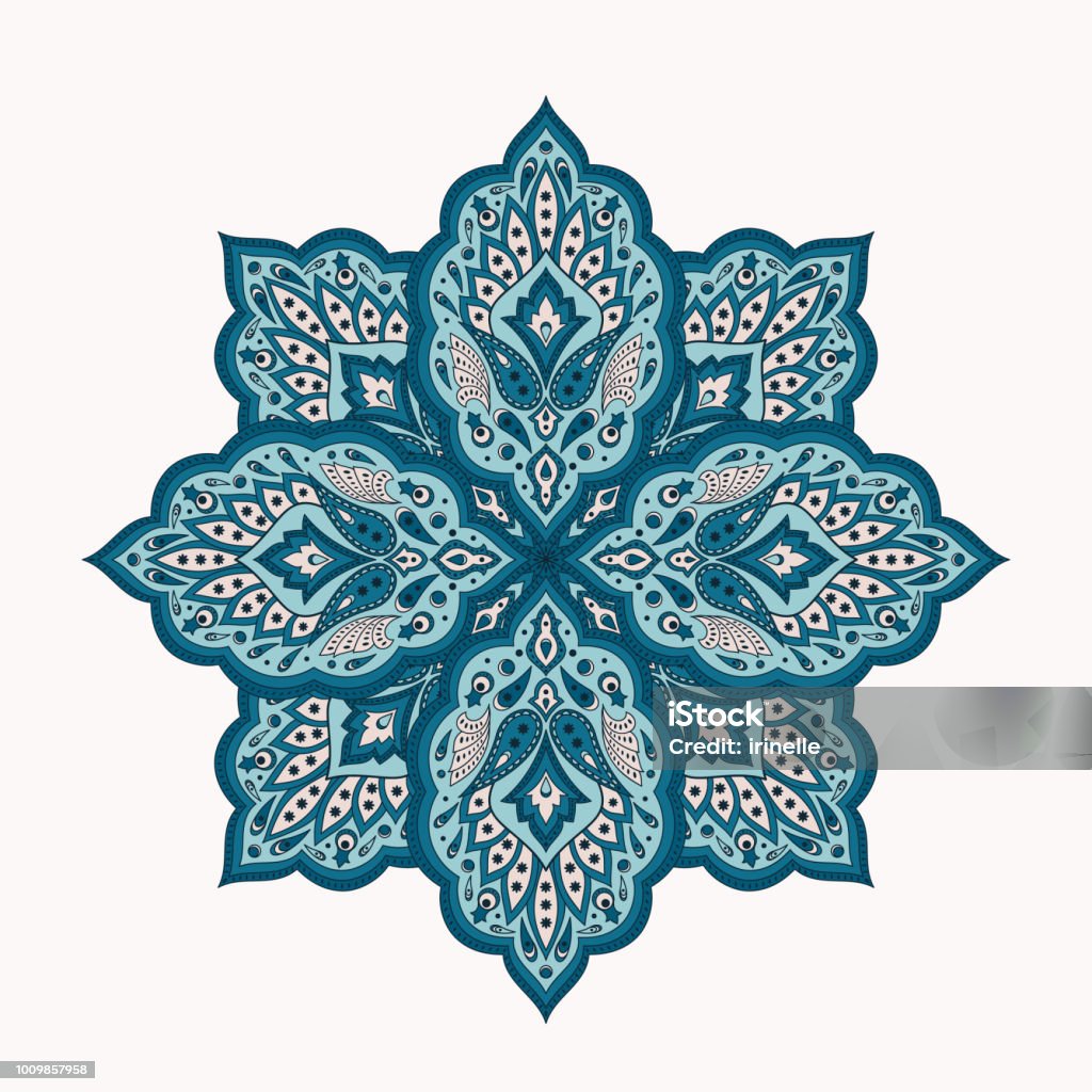 Floral indian mandala with paisley pattern vector. Eastern flower medallion ethnic ornament with arabesque. Vintage folk design element for cosmetic label, yoga studio logo, chistmas snowflake. Persian Culture stock vector