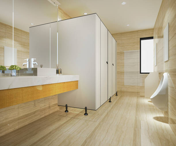 istock 3d rendering wood and modern tile public toilet 1009858224