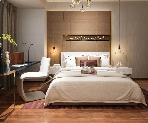 istock 3d rendering beautiful luxury bedroom suite in hotel with tv 1009858236