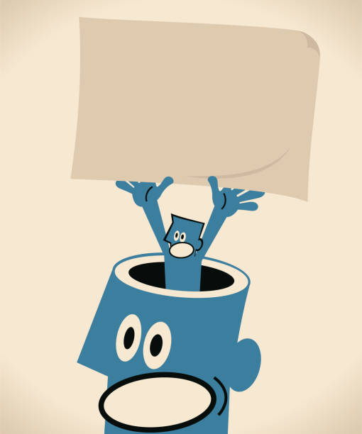 Businessman from giant man's opened head holding a blank sign brown paper Blue Little Guy Characters Full Length Vector art illustration.Copy Space.
Businessman from giant man's opened head holding a blank sign brown paper. giant fictional character illustrations stock illustrations