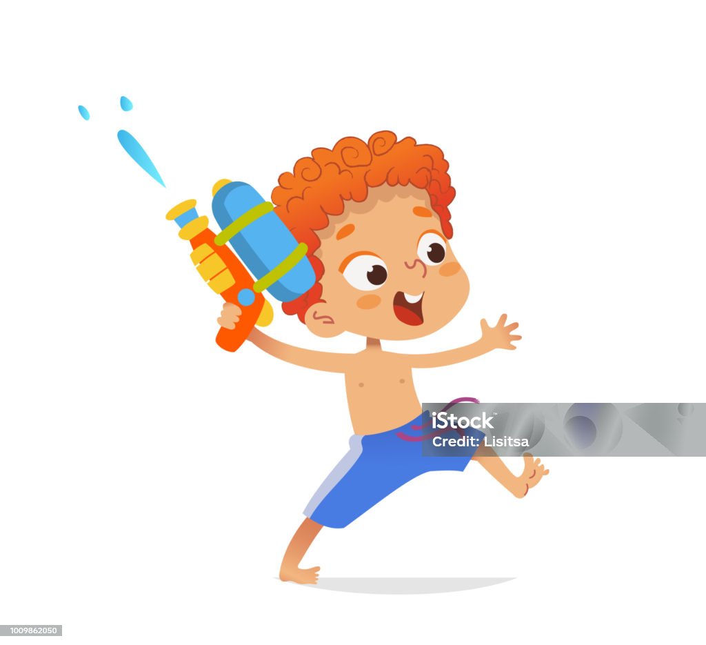 Redhead boy wearing swimming trunks run with a toy water gun. Cartoon character design for the pool party. Vector illustration. Isolated. Redhead boy wearing swimming trunks run with a toy water gun. Cartoon character design for the pool party. Vector illustration. Isolated Child stock vector