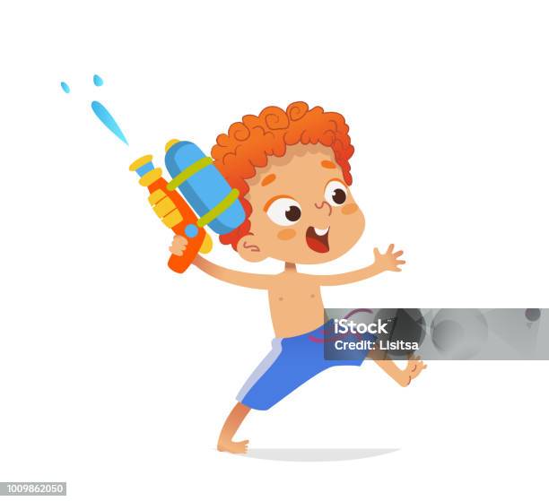 Redhead Boy Wearing Swimming Trunks Run With A Toy Water Gun Cartoon Character Design For The Pool Party Vector Illustration Isolated Stock Illustration - Download Image Now