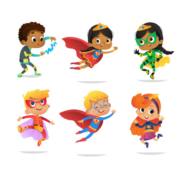 gemischtrassig jungen und mädchen, in bunten kostümen von verschiedenen superhelden, isoliert auf weißem hintergrund. vektor zeichentrickfiguren von kid superhelden, für party, einladungen, web, maskottchen - superheld stock-grafiken, -clipart, -cartoons und -symbole