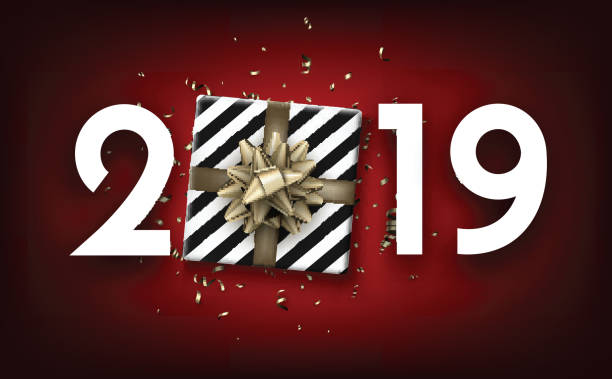 istock Red 2019 happy New Year card with top view gift. 1009871372