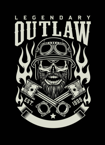 Vintage Bearded Biker Skull With Crossed Pistons Emblem fully editable vector illustration of, vintage bearded biker skull isolated on black, image suitable for emblem, insignia, logo, design element or graphic t-shirt used motorcycle parts stock illustrations