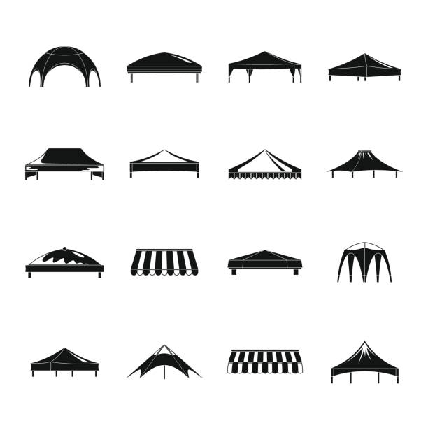 Canopy shed overhang icons set, simple style Canopy shed overhang icons set. Simple illustration of 16 canopy shed overhang vector icons for web entertainment tent illustrations stock illustrations