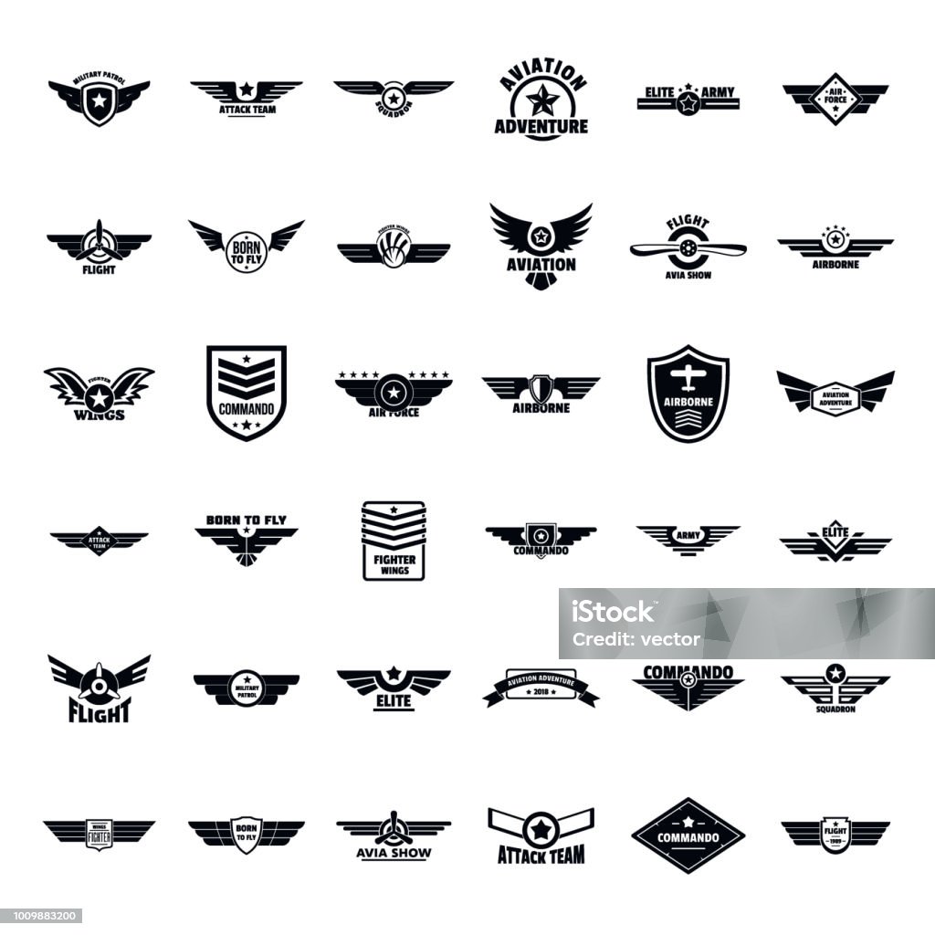 空軍軍バッジ ロゴ アイコンを設定、シンプルなスタイル - 飛行機の翼のロイヤリティフリーベクトルアート