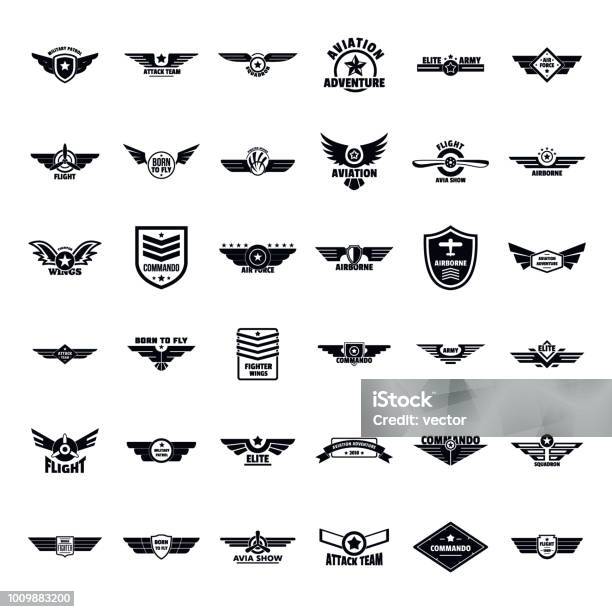 空軍軍バッジ ロゴ アイコンを設定シンプルなスタイル - 飛行機の翼のベクターアート素材や画像を多数ご用意 - 飛行機の翼, 操縦士, バッジ