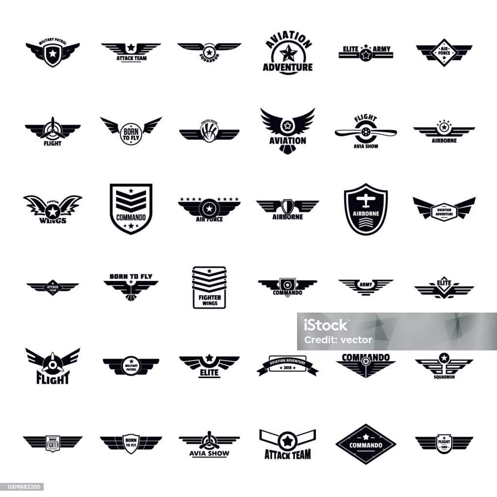 Airforce army badge logo icons set, simple style Airforce military army badge logo icons set. Simple illustration of 36 airforce military army badge logo vector icons for web Aircraft Wing stock vector