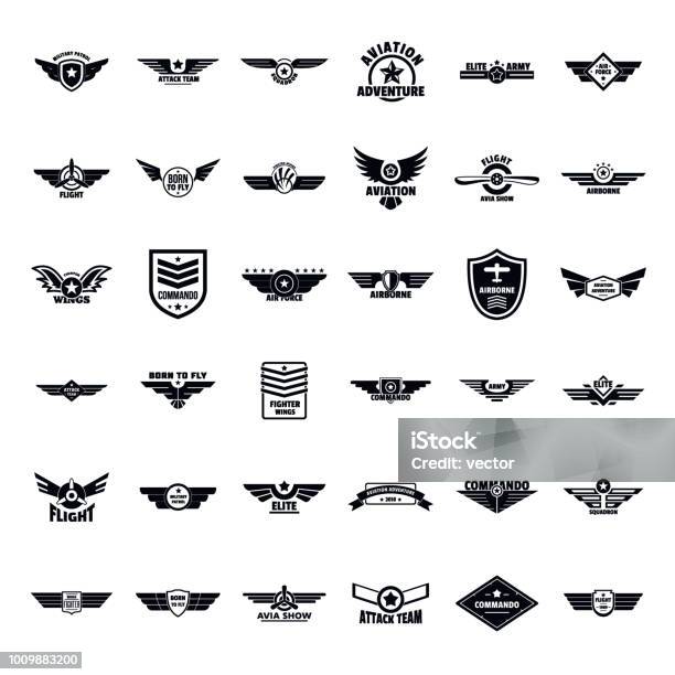 Airforce Army Badge Logo Icons Set Simple Style Stock Illustration - Download Image Now - Aircraft Wing, Pilot, Badge