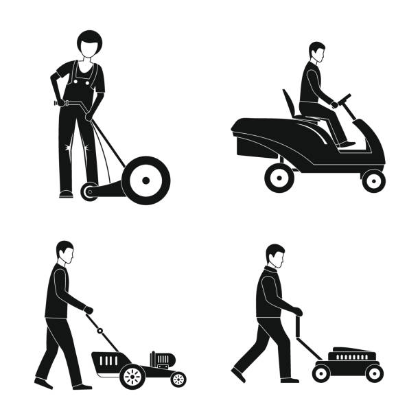 illustrazioni stock, clip art, cartoni animati e icone di tendenza di set icone uomo servizio tosaerba, stile semplice - rotary mower illustrations