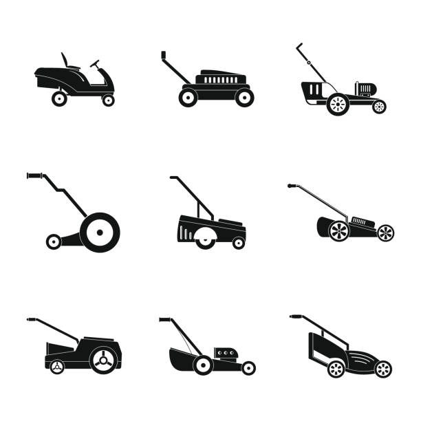 잔디 깍는 기계 잔디 정원 아이콘 세트, 간단한 스타일 - rotary mower illustrations stock illustrations