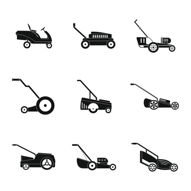kosiarka trawa ogród ikony zestaw, prosty styl - rotary mower stock illustrations