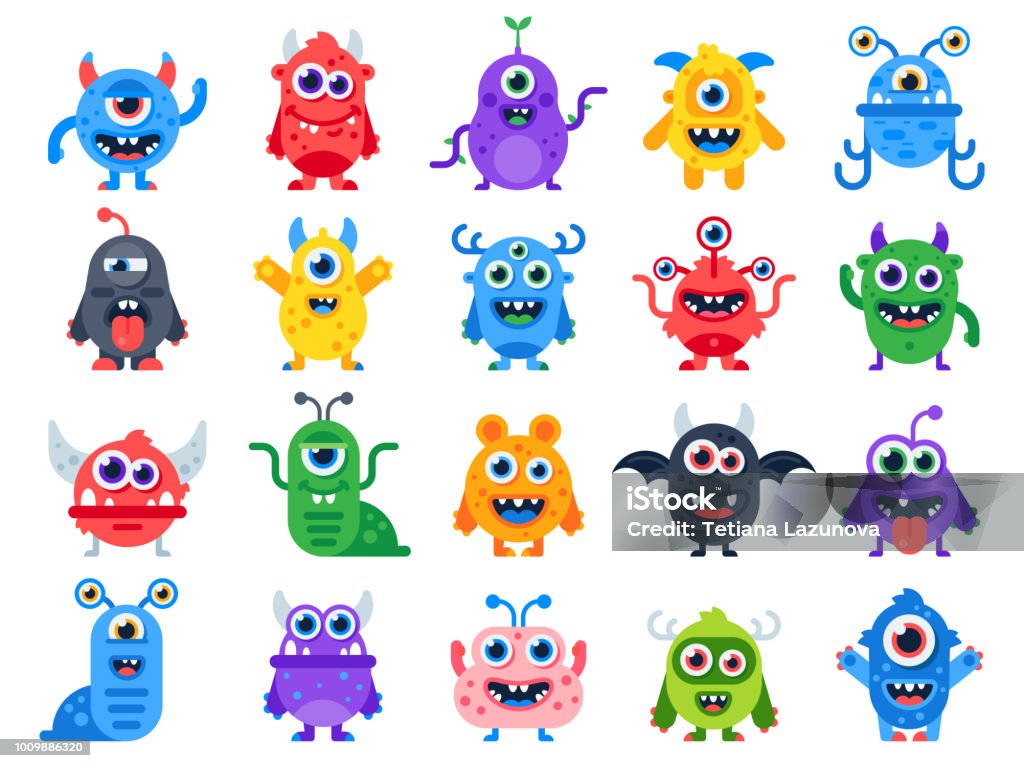 Cute Cartoon Monsters Comic Halloween Joyful Monster Characters Funny Devil  Ugly Alien And Smile Creature Flat Vector Set Stock Illustration - Download  Image Now - iStock
