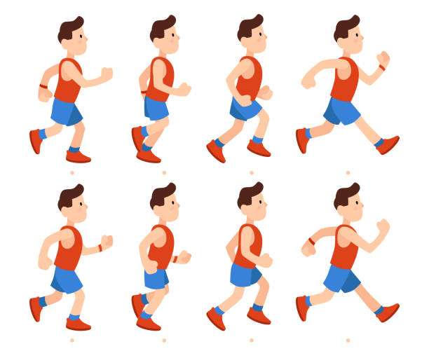 Flat running man. Athletic boy run animation frames sequence. Runner male in tracksuit, legs animations cartoon vector illustration Flat running man. Athletic boy run animation frames sequence profile. Runner male in tracksuit jogger frame, legs animations young human train sprinter isolated cartoon vector illustration sequential series stock illustrations