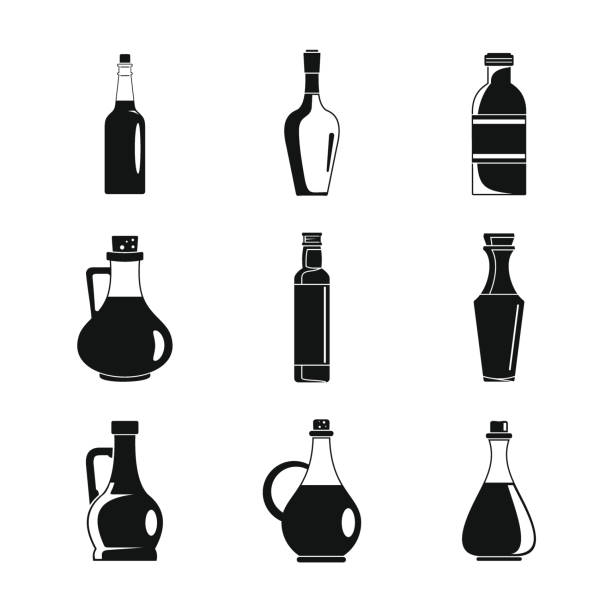 ilustraciones, imágenes clip art, dibujos animados e iconos de stock de conjunto de iconos vinagre botella, estilo simple - condiment healthy lifestyle vinegar cooking oil