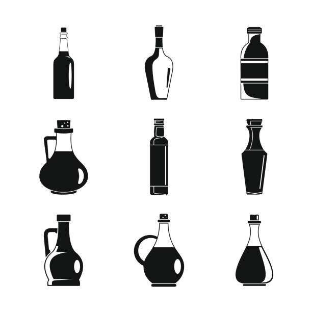 уксус бутылки иконки набор, простой стиль - food balsamic vinegar vinegar bottle stock illustrations