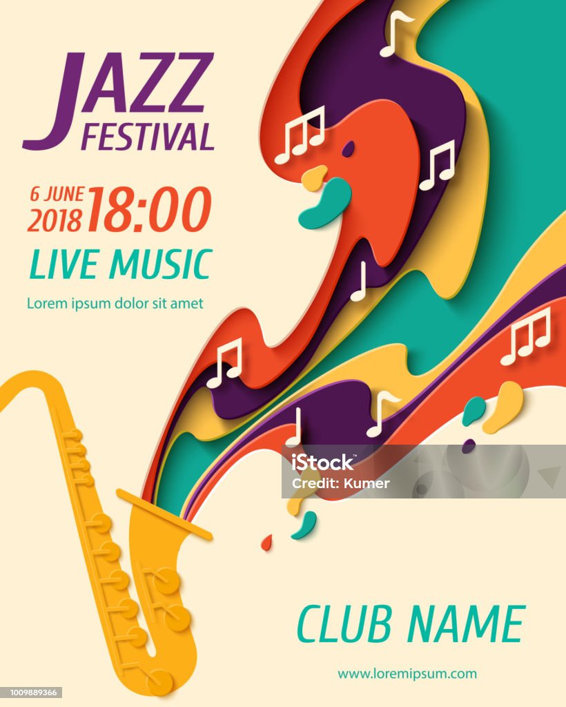 International Jazz Day vector background Jazz Festival - music paper cut style poster for jazz festival or night blues retro party with saxophone and notes. Vector paper craft vintage music background Music stock vector
