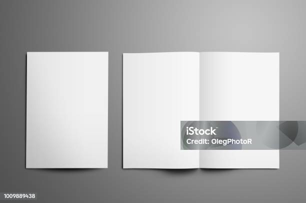 Universal Tempalte With Two White A4 Bifold Brochures Isolated On Gray Background Stock Photo - Download Image Now