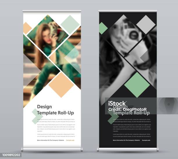 Template Of Vertical Rollup Banner With Square Elements For A Photo Stock Illustration - Download Image Now