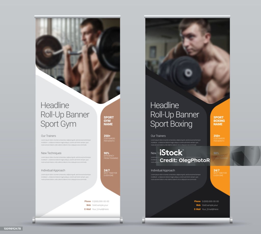 Template of vertical roll-up banner with hexagonal elements for a photo Template of vertical roll-up banner with hexagonal elements for a photo. Black and white Design flyer for business and advertising, a sample for gyms. Vector illustration Web Banner stock vector