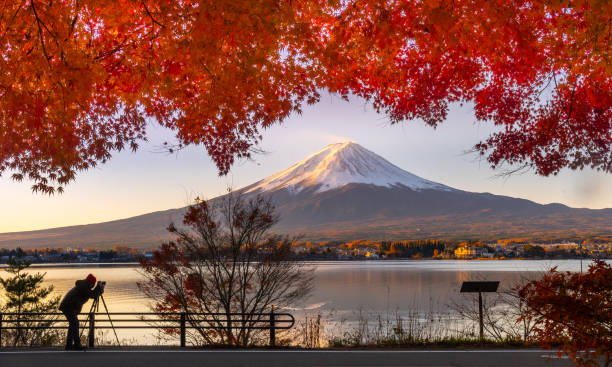 河口湖から秋景の富士山 - volcano mt fuji autumn lake ストックフォトと画像
