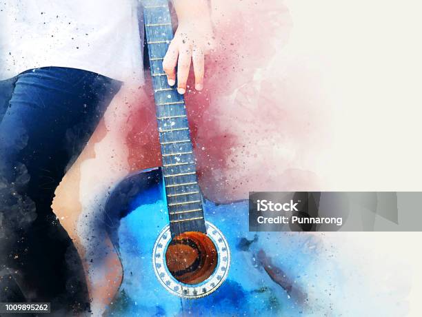 Abstract Beautiful Girl Teen Playing Acoustic Guitar In The Foreground On Watercolor Painting Background And Digital Illustration Brush To Art Stock Photo - Download Image Now