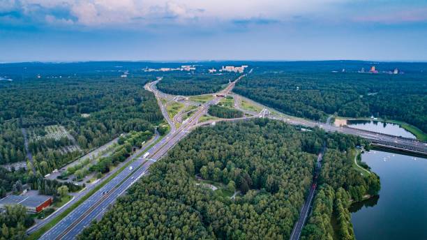 istock Aerial drone view on highway junction in Katowice. 1009899894
