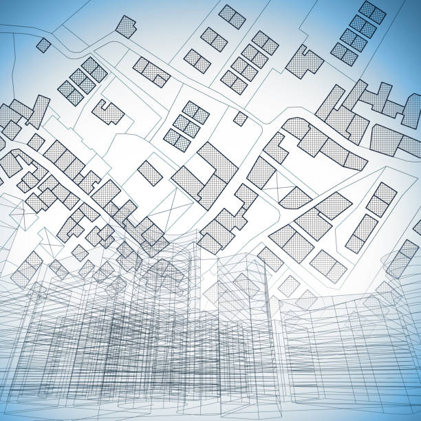 istock Imaginary cadastral map of territory with buildings, roads and urban skyline - concept illustration 1009903050