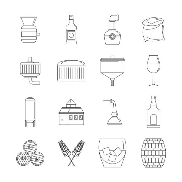 Whisky bottle glass icons set, outline style Whisky bottle glass icons set. Outline illustration of 16 whisky bottle glass vector icons for web bourbon barrel stock illustrations