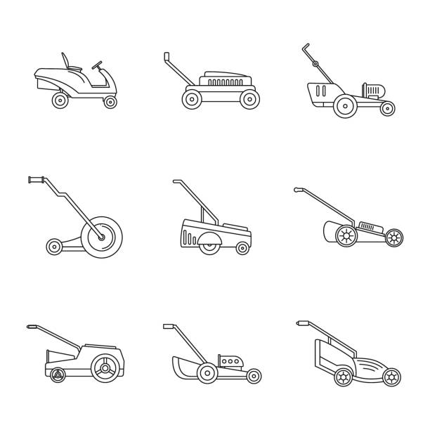 illustrazioni stock, clip art, cartoni animati e icone di tendenza di set icone giardino d'erba tosaerba, stile contorno - rotary mower illustrations