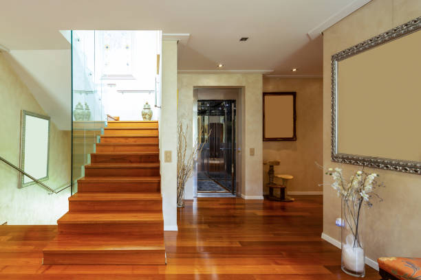 Entry with stairs and glass, parquet stock photo