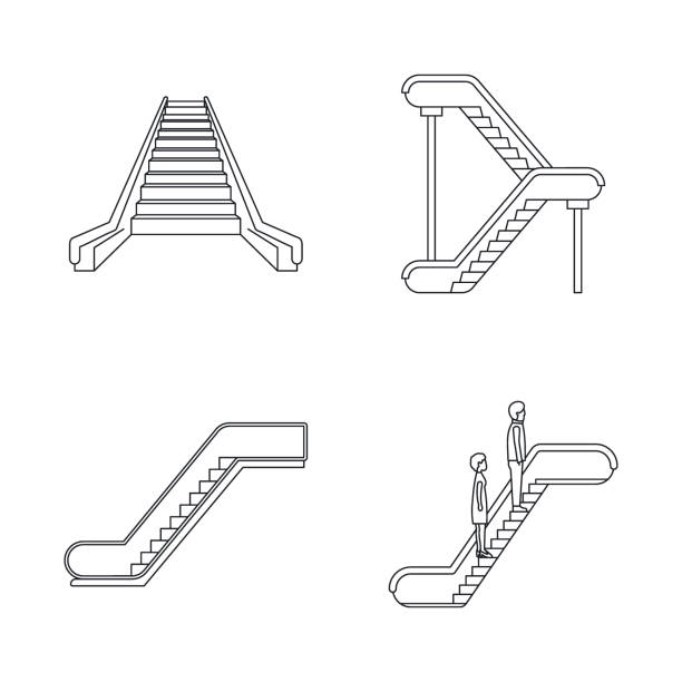 illustrations, cliparts, dessins animés et icônes de escalator ascenseur icônes ensemble, style de contour - mockup metro