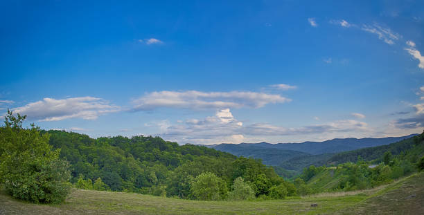 istock Panoramic landscape. Green mountain valley with blue sky and white clouds in summer. Colourful travel background. Krasnodar, Russia. 1009917704