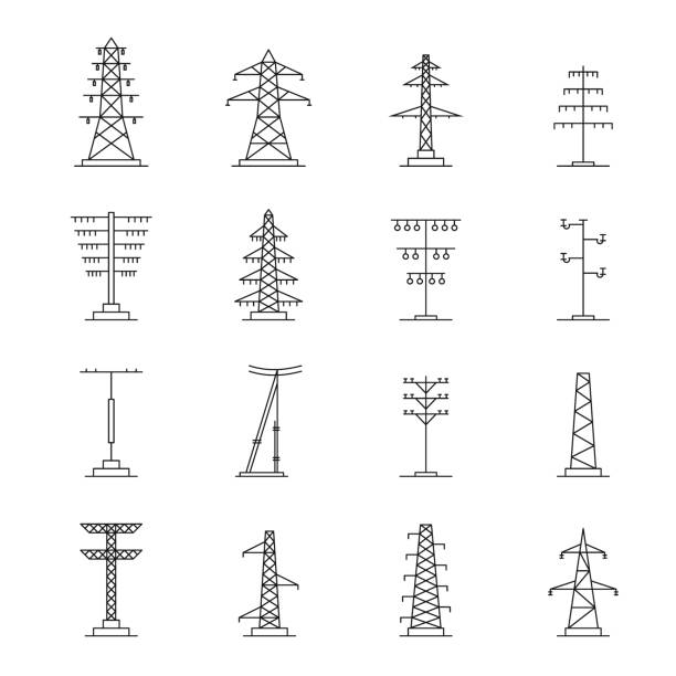 ilustraciones, imágenes clip art, dibujos animados e iconos de stock de torre eléctrica voltaje iconos conjunto, estilo de contorno - torre de conducción eléctrica