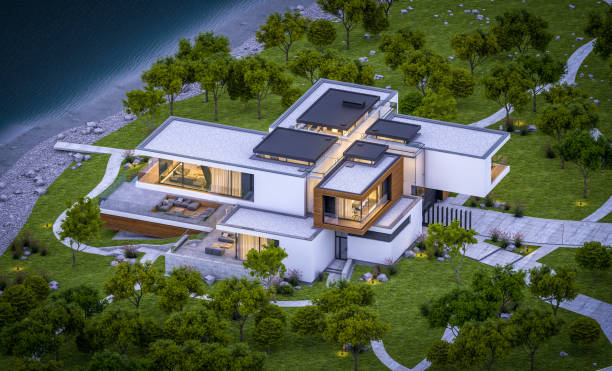 istock 3d rendering of modern cozy house by the river at evening 1009922686