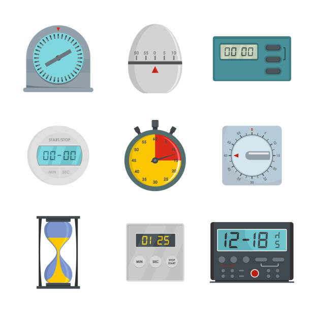 küche timer icons set, flachen stil - schaltuhr grafiken stock-grafiken, -clipart, -cartoons und -symbole