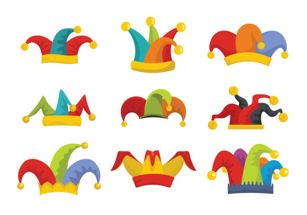 Jester fools hat icons set flat style Jester fools hat icons set. Flat illustration of 9 Jester fools hat vector icons for web clown stock illustrations
