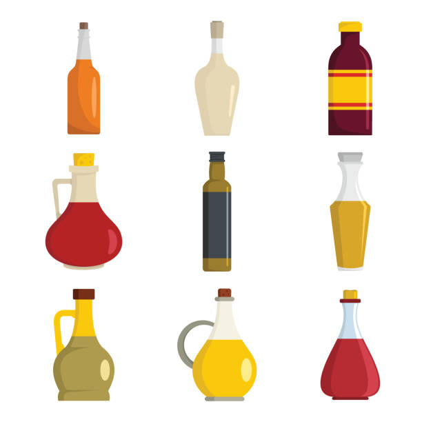 ilustraciones, imágenes clip art, dibujos animados e iconos de stock de conjunto de iconos vinagre botella, estilo plano - aceite de oliva