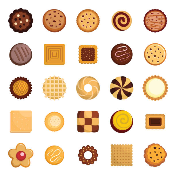 kurabiye bisküvi icons set, düz stil - kurabiye illüstrasyonlar stock illustrations
