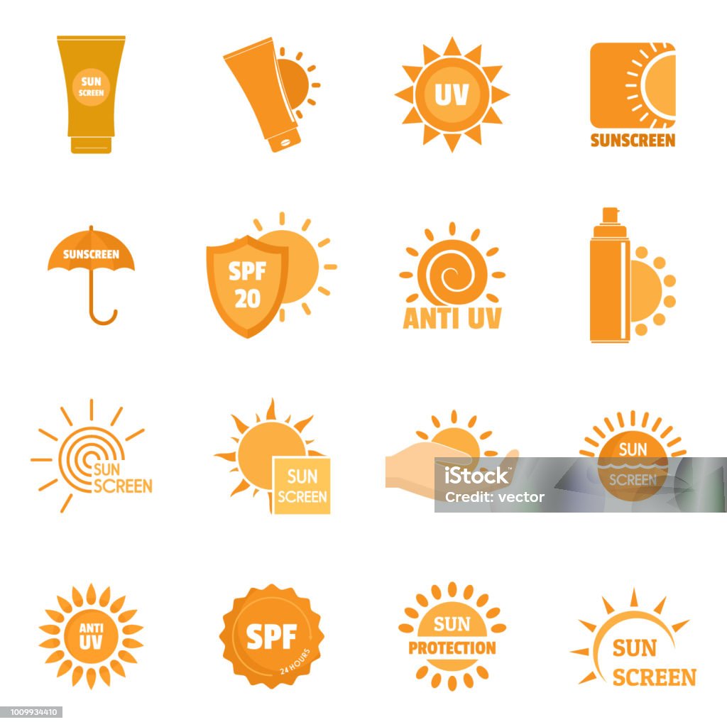 Soleil protection solaire protéger jeu d’icônes de symboles, style plat - clipart vectoriel de Crème solaire libre de droits